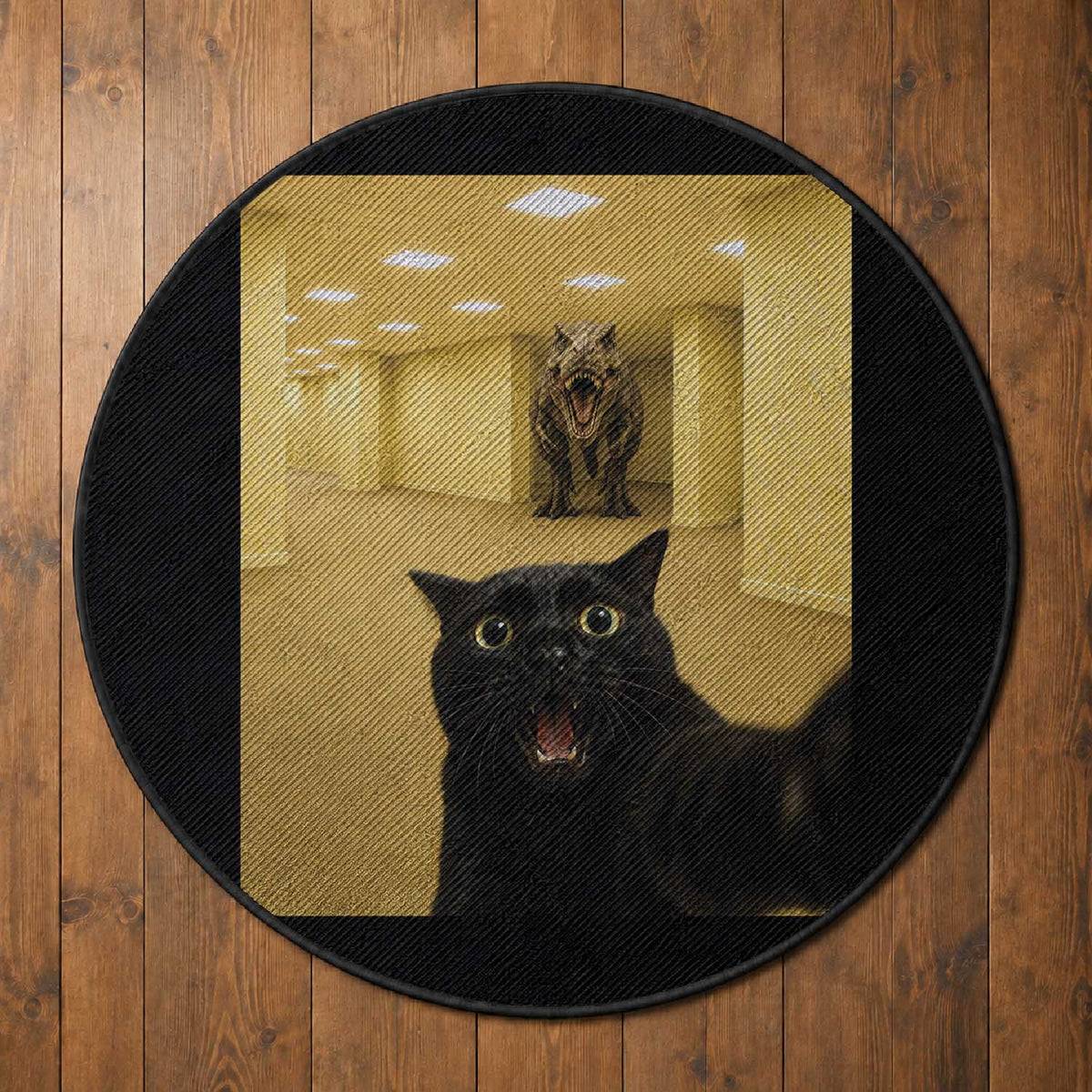 Black Cat Selfie with Dinosaur in The Backrooms Liminal Space Graphic Round Rug Liminal Space Urban Legend Meme