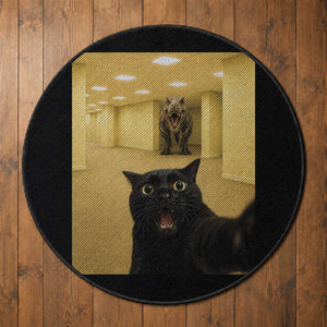 Black Cat Selfie with Dinosaur in The Backrooms Liminal Space Graphic Round Rug Liminal Space Urban Legend Meme