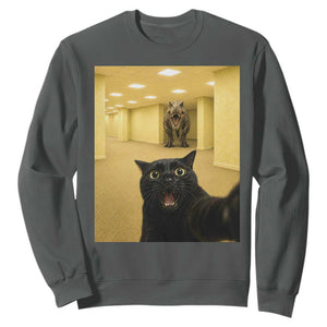 Black Cat Selfie with Dinosaur in The Backrooms Liminal Space Graphic Sweatshirt Liminal Space Urban Legend Meme TS10 Dark Heather Print Your Wear