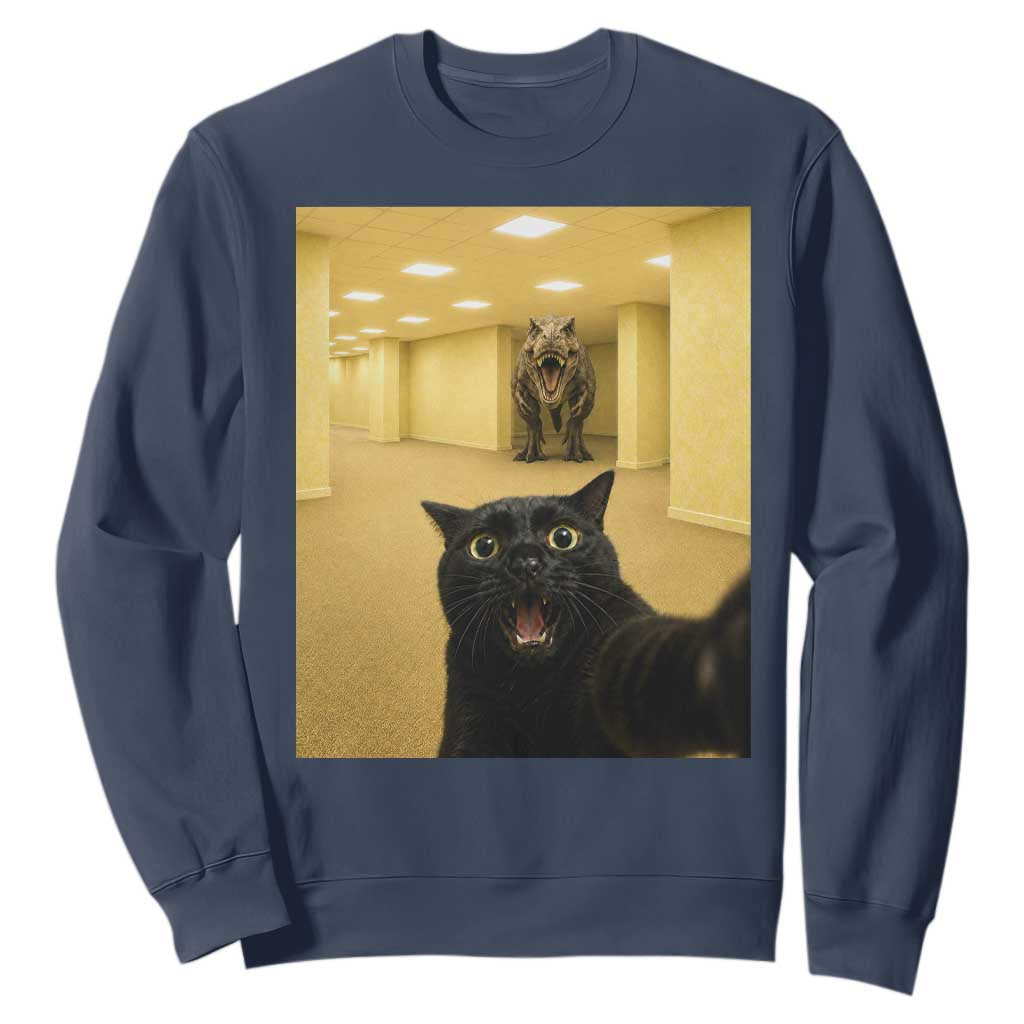Black Cat Selfie with Dinosaur in The Backrooms Liminal Space Graphic Sweatshirt Liminal Space Urban Legend Meme TS10 Navy Print Your Wear
