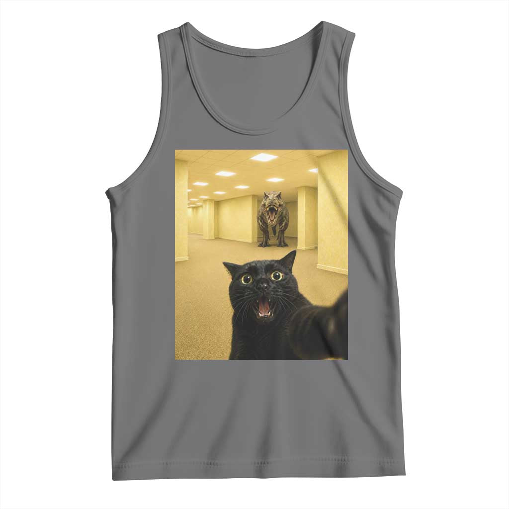 Black Cat Selfie with Dinosaur in The Backrooms Liminal Space Graphic Tank Top Liminal Space Urban Legend Meme TS10 Black Heather Print Your Wear