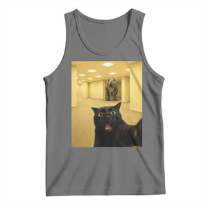Black Cat Selfie with Dinosaur in The Backrooms Liminal Space Graphic Tank Top Liminal Space Urban Legend Meme TS10 Black Heather Print Your Wear