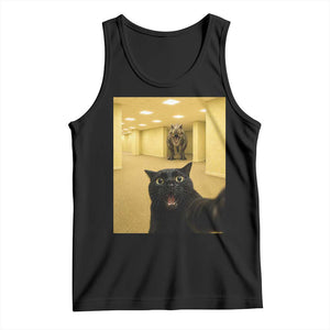 Black Cat Selfie with Dinosaur in The Backrooms Liminal Space Graphic Tank Top Liminal Space Urban Legend Meme TS10 Black Print Your Wear