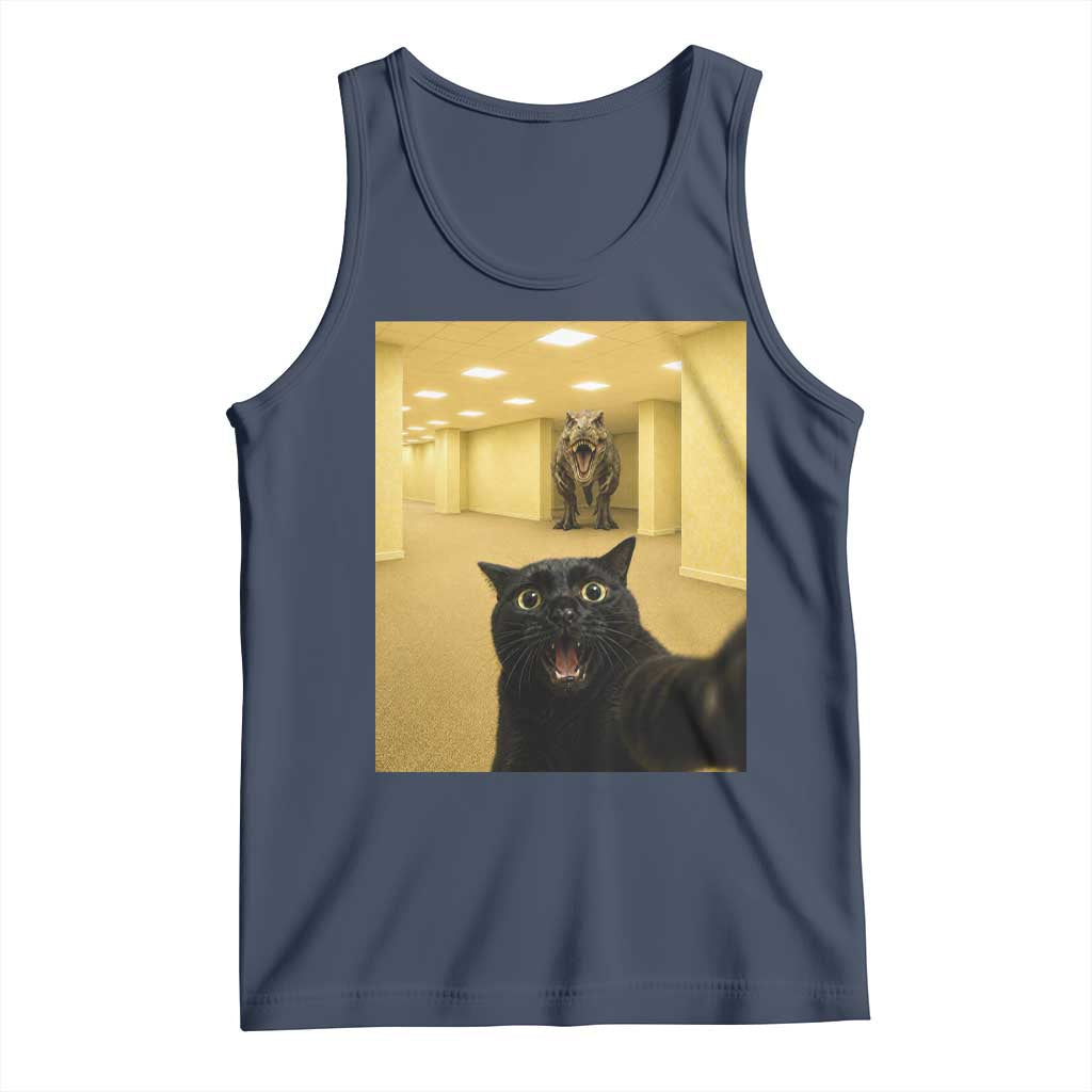 Black Cat Selfie with Dinosaur in The Backrooms Liminal Space Graphic Tank Top Liminal Space Urban Legend Meme TS10 Navy Print Your Wear