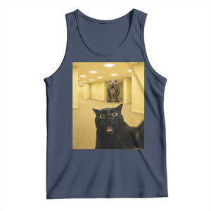 Black Cat Selfie with Dinosaur in The Backrooms Liminal Space Graphic Tank Top Liminal Space Urban Legend Meme TS10 Navy Print Your Wear