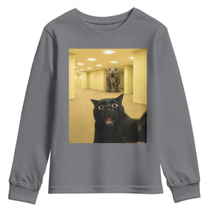 Black Cat Selfie with Dinosaur in The Backrooms Liminal Space Graphic Youth Sweatshirt Liminal Space Urban Legend Meme TS10 Charcoal Print Your Wear