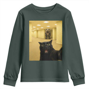 Black Cat Selfie with Dinosaur in The Backrooms Liminal Space Graphic Youth Sweatshirt Liminal Space Urban Legend Meme TS10 Dark Forest Green Print Your Wear