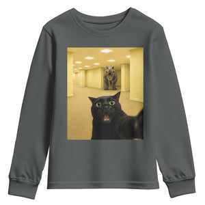 Black Cat Selfie with Dinosaur in The Backrooms Liminal Space Graphic Youth Sweatshirt Liminal Space Urban Legend Meme TS10 Dark Heather Print Your Wear