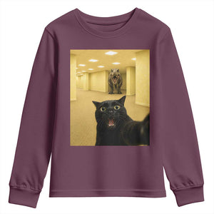Black Cat Selfie with Dinosaur in The Backrooms Liminal Space Graphic Youth Sweatshirt Liminal Space Urban Legend Meme TS10 Maroon Print Your Wear