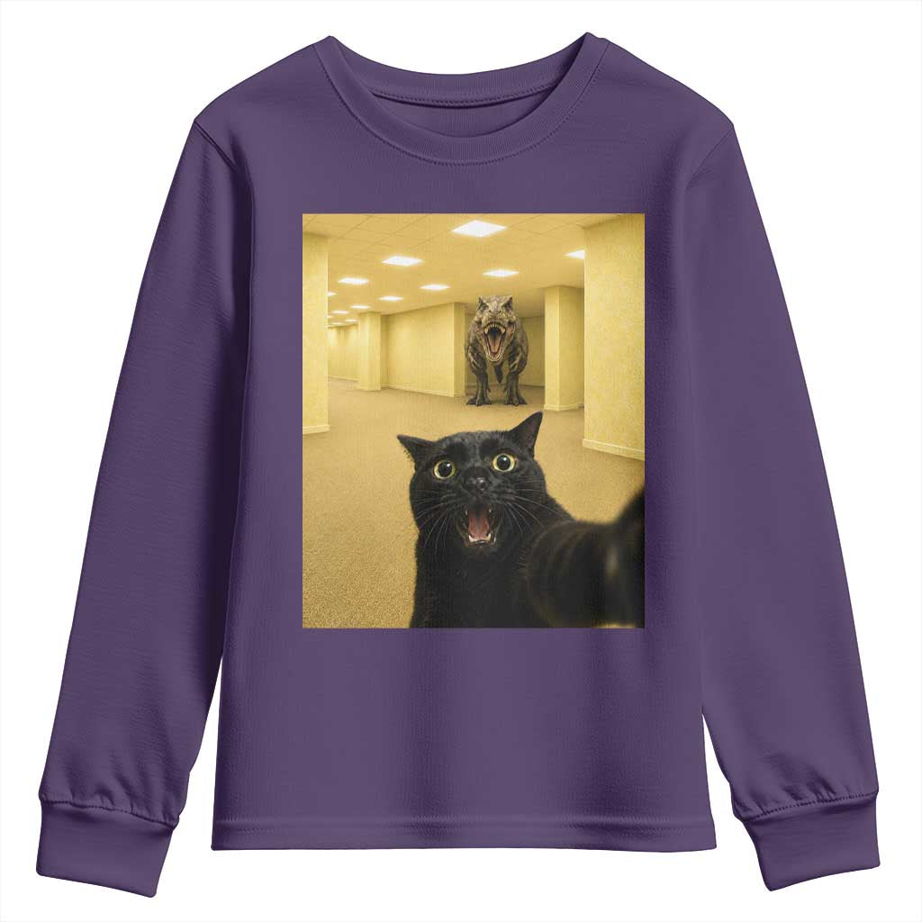 Black Cat Selfie with Dinosaur in The Backrooms Liminal Space Graphic Youth Sweatshirt Liminal Space Urban Legend Meme TS10 Purple Print Your Wear