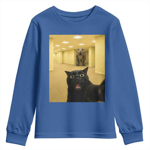 Black Cat Selfie with Dinosaur in The Backrooms Liminal Space Graphic Youth Sweatshirt Liminal Space Urban Legend Meme TS10 Royal Blue Print Your Wear