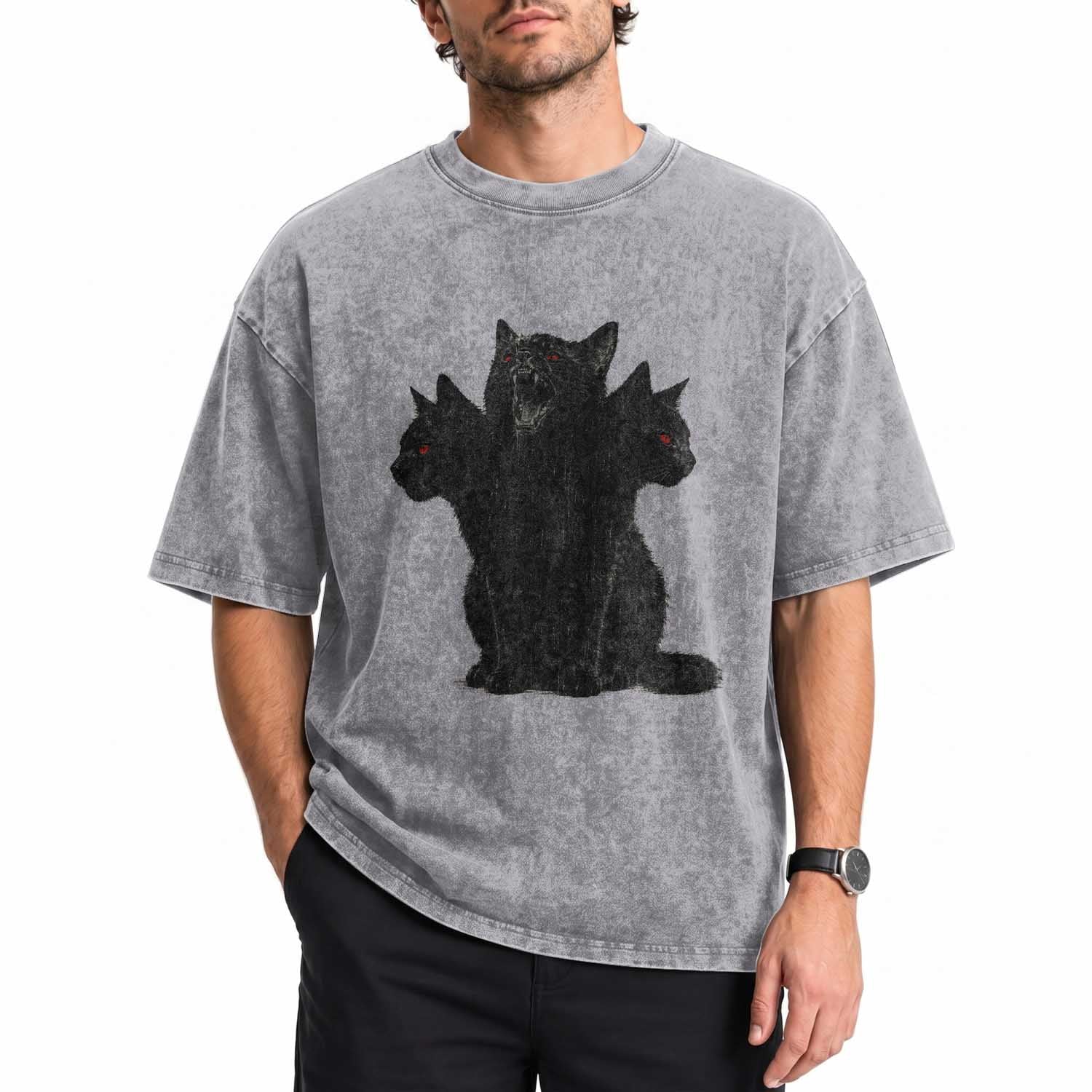 Purrberus 3 Headed Black Cat Gothic Mythology Graphic Washed Cotton T-Shirt Vintage Grunge Alt 90s Halloween Goth Horror