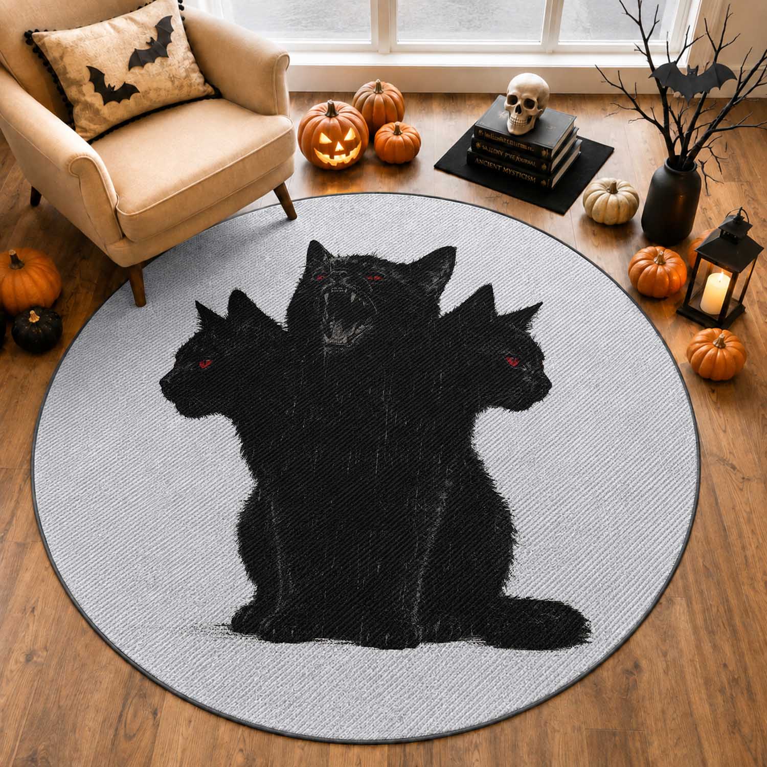 Purrberus 3 Headed Black Cat Gothic Mythology Graphic Round Rug Vintage Grunge Alt 90s Halloween Goth Horror