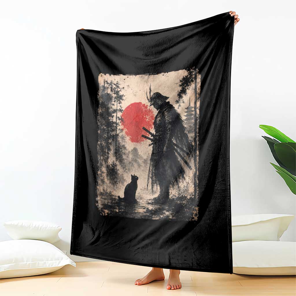 Vintage Japanese Samurai Warrior and Black Cat Throw Blanket TS10 Print Your Wear