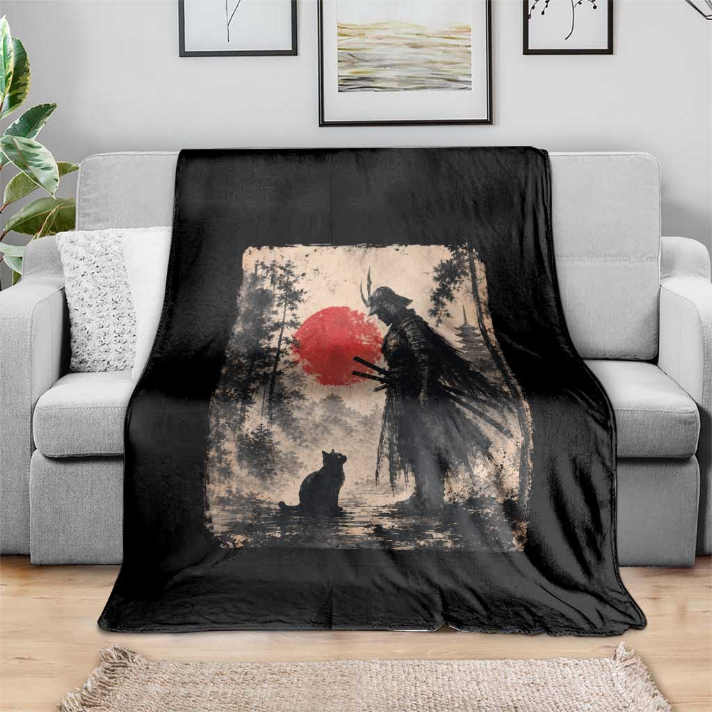 Vintage Japanese Samurai Warrior and Black Cat Throw Blanket TS10 Print Your Wear