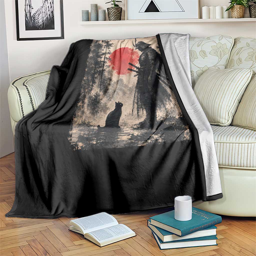 Vintage Japanese Samurai Warrior and Black Cat Throw Blanket TS10 Print Your Wear