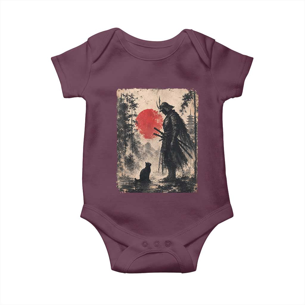 Vintage Japanese Samurai Warrior and Black Cat Baby Onesie TS10 Maroon Print Your Wear