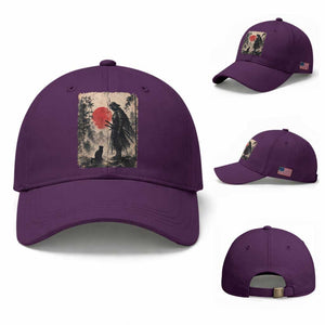 Vintage Japanese Samurai Warrior and Black Cat Baseball Cap TS10 Baseball Cap Universal Fit Purple Print Your Wear