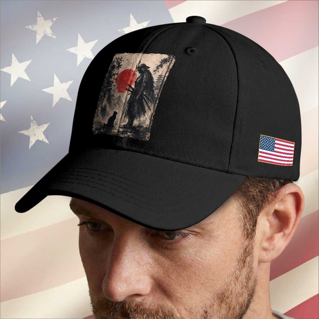Vintage Japanese Samurai Warrior and Black Cat Baseball Cap TS10 Print Your Wear