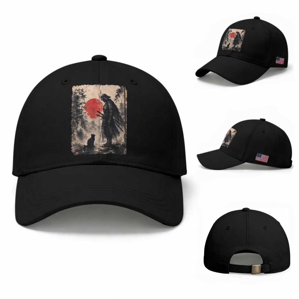 Vintage Japanese Samurai Warrior and Black Cat Baseball Cap TS10 Baseball Cap Universal Fit Black Print Your Wear