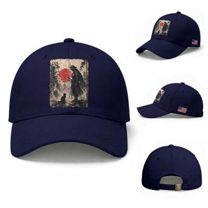 Vintage Japanese Samurai Warrior and Black Cat Baseball Cap TS10 Baseball Cap Universal Fit Dark Blue Print Your Wear