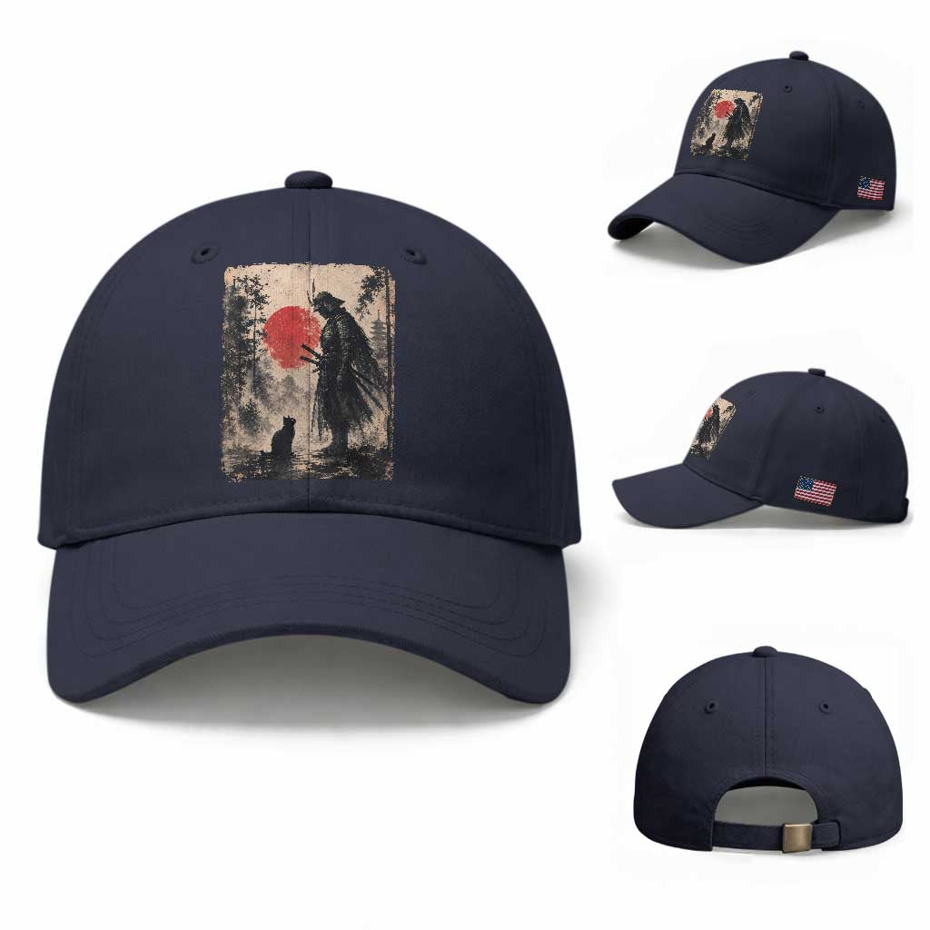 Vintage Japanese Samurai Warrior and Black Cat Baseball Cap TS10 Baseball Cap Universal Fit Navy Print Your Wear