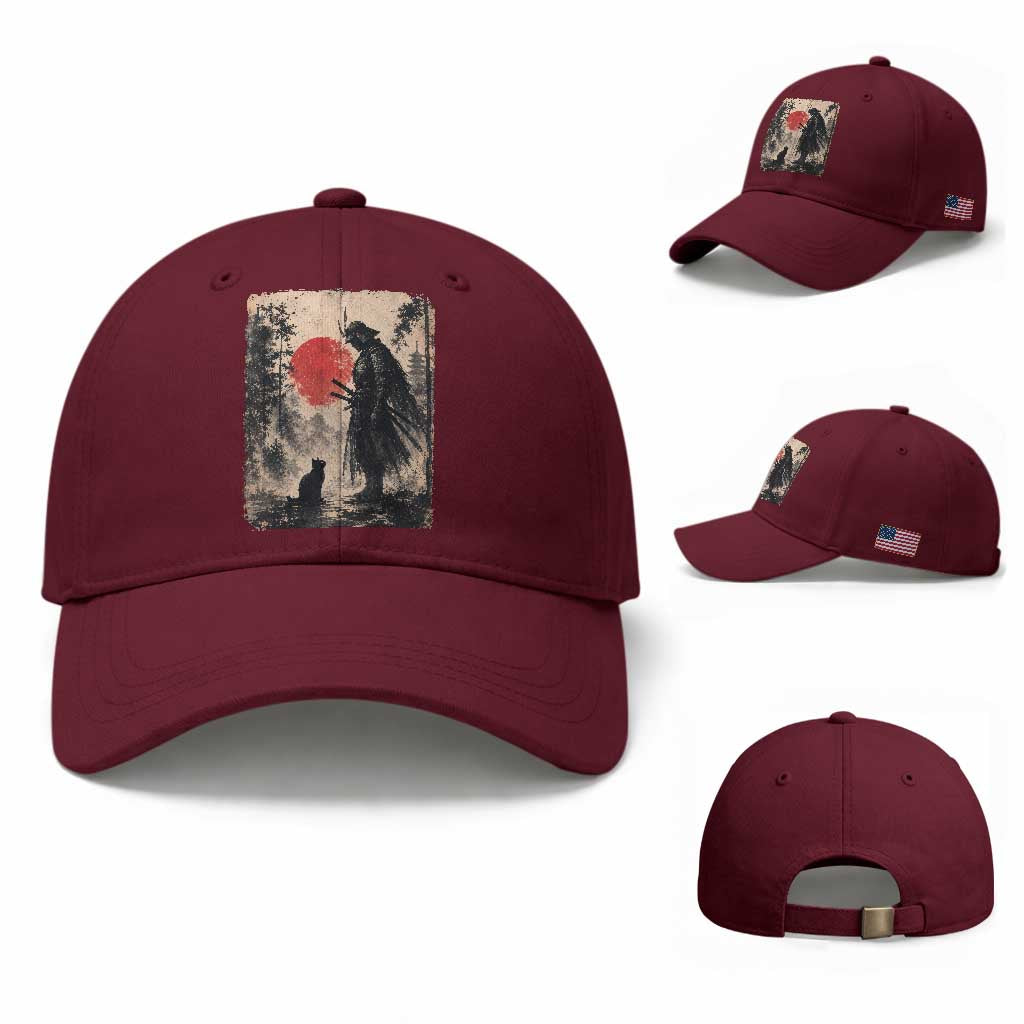 Vintage Japanese Samurai Warrior and Black Cat Baseball Cap TS10 Baseball Cap Universal Fit Maroon Print Your Wear