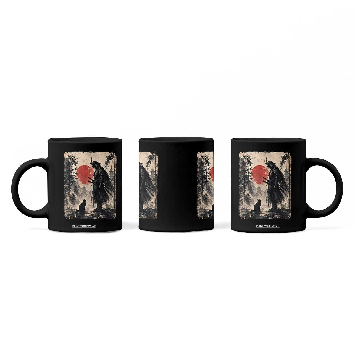 Vintage Japanese Samurai Warrior and Black Cat Coffee Mug TS10 Print Your Wear