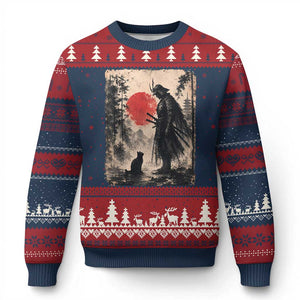 Vintage Japanese Samurai Warrior and Black Cat Ugly Christmas Sweater TS10 Navy Red Print Your Wear