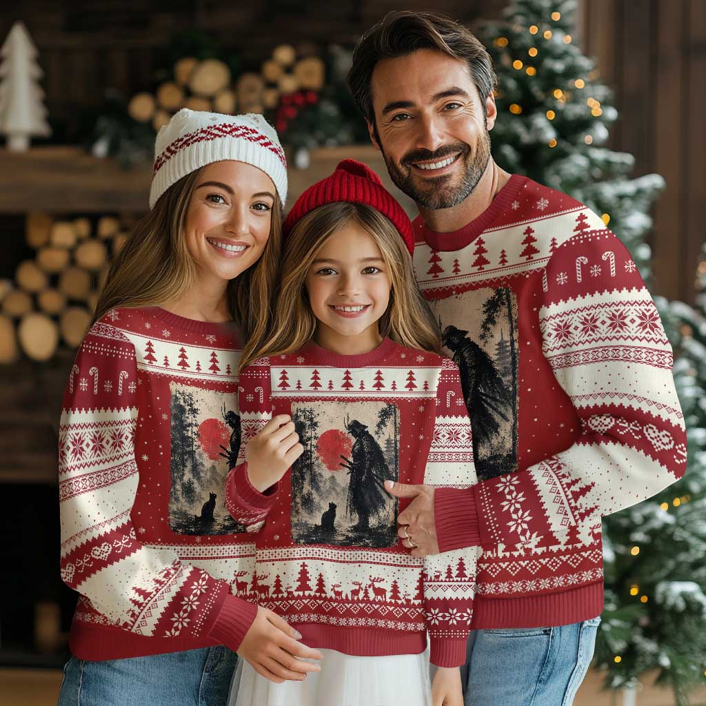 Vintage Japanese Samurai Warrior and Black Cat Ugly Christmas Sweater TS10 Red Beige Print Your Wear
