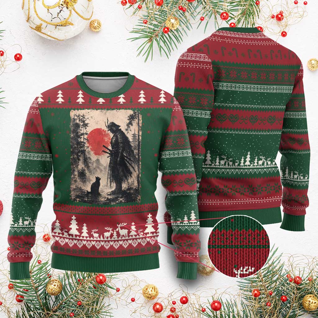 Vintage Japanese Samurai Warrior and Black Cat Ugly Christmas Sweater TS10 Red Green Print Your Wear