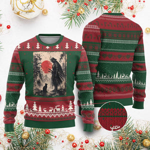 Vintage Japanese Samurai Warrior and Black Cat Ugly Christmas Sweater TS10 Red Green Print Your Wear