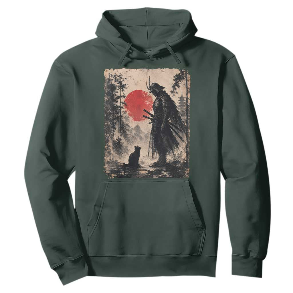 Vintage Japanese Samurai Warrior and Black Cat Hoodie TS10 Dark Forest Green Print Your Wear