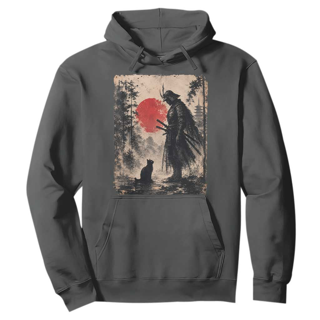 Vintage Japanese Samurai Warrior and Black Cat Hoodie TS10 Dark Heather Print Your Wear