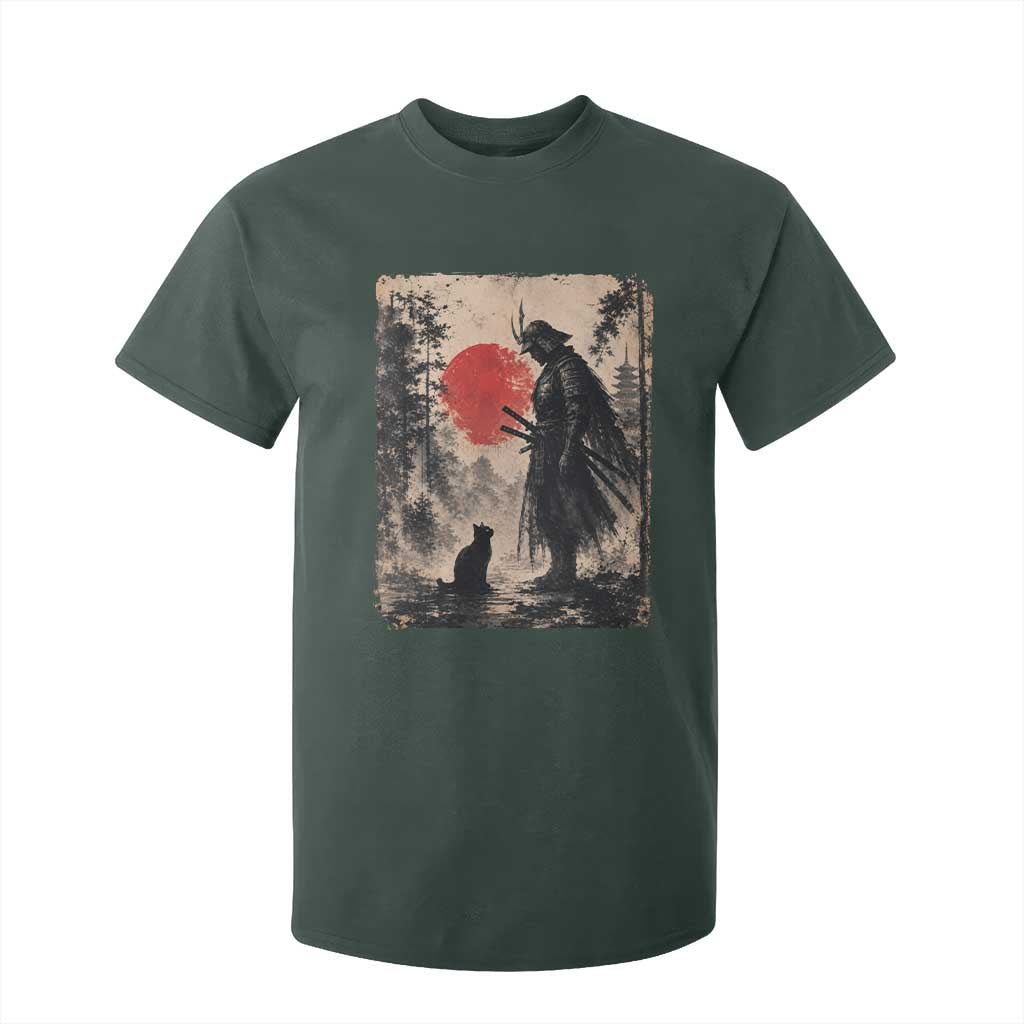 Vintage Japanese Samurai Warrior and Black Cat T Shirt For Kid TS10 Dark Forest Green Print Your Wear