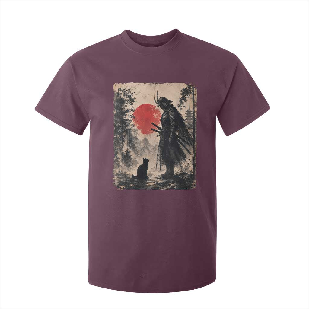 Vintage Japanese Samurai Warrior and Black Cat T Shirt For Kid TS10 Maroon Print Your Wear