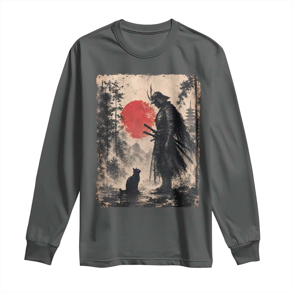 Vintage Japanese Samurai Warrior and Black Cat Long Sleeve Shirt TS10 Dark Heather Print Your Wear
