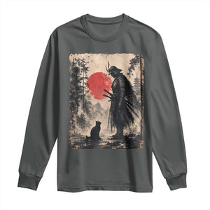 Vintage Japanese Samurai Warrior and Black Cat Long Sleeve Shirt TS10 Dark Heather Print Your Wear