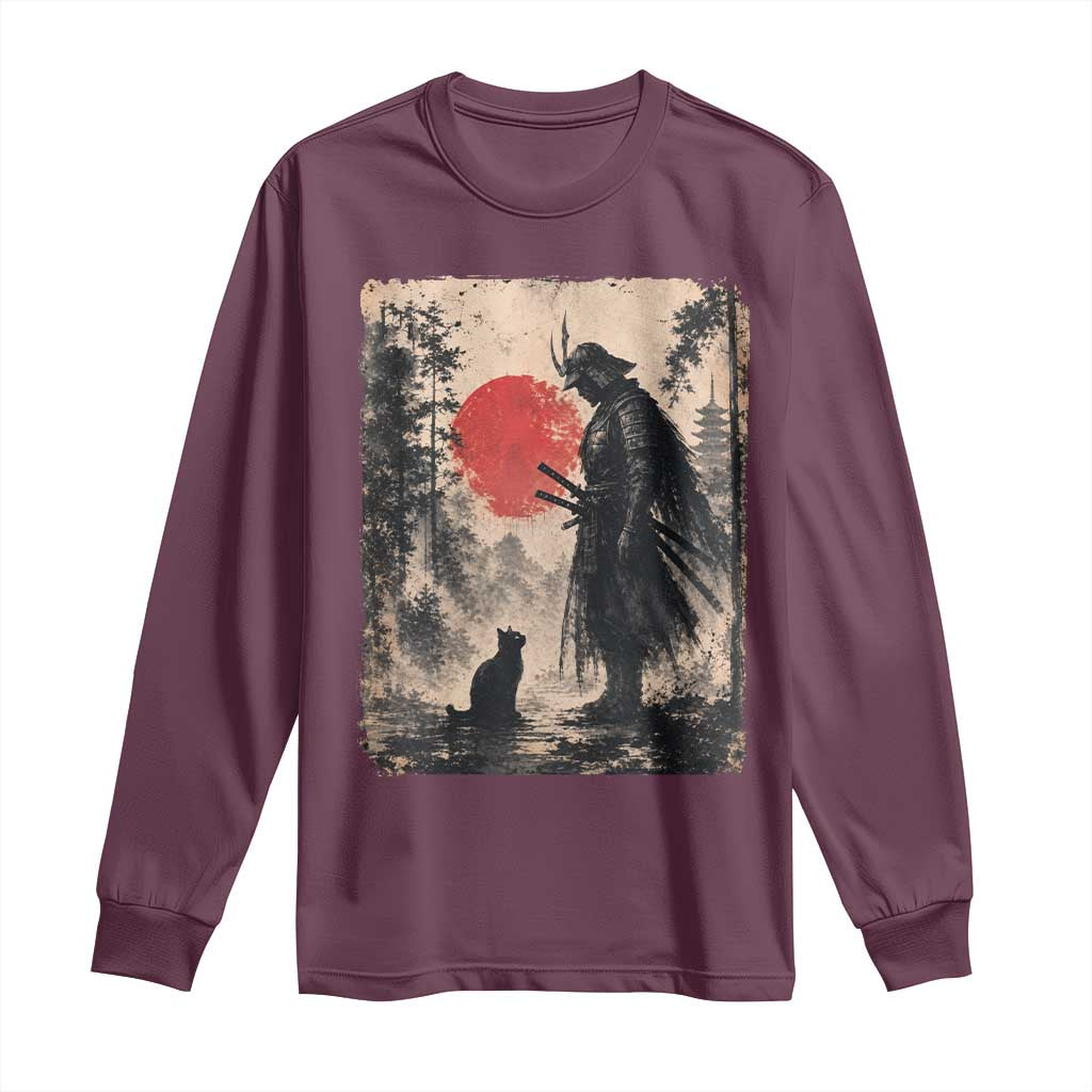 Vintage Japanese Samurai Warrior and Black Cat Long Sleeve Shirt TS10 Maroon Print Your Wear