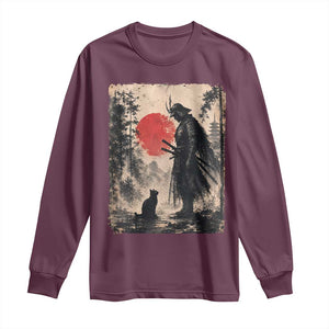 Vintage Japanese Samurai Warrior and Black Cat Long Sleeve Shirt TS10 Maroon Print Your Wear