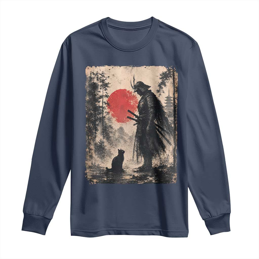 Vintage Japanese Samurai Warrior and Black Cat Long Sleeve Shirt TS10 Navy Print Your Wear