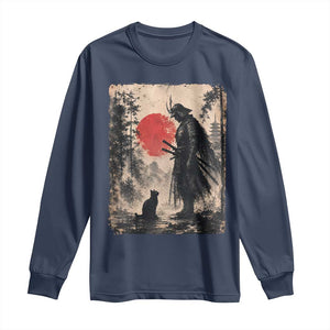 Vintage Japanese Samurai Warrior and Black Cat Long Sleeve Shirt TS10 Navy Print Your Wear