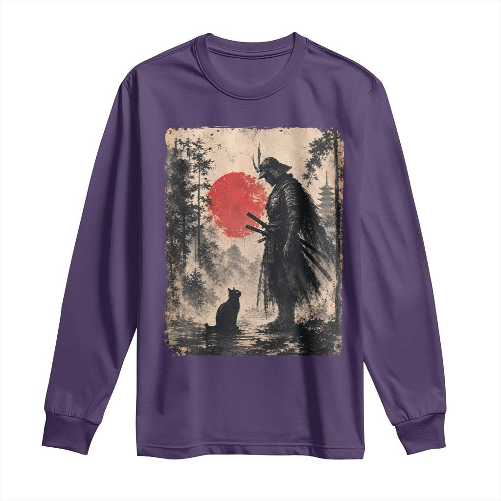 Vintage Japanese Samurai Warrior and Black Cat Long Sleeve Shirt TS10 Purple Print Your Wear