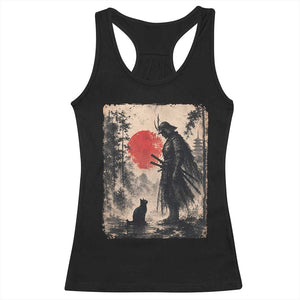 Vintage Japanese Samurai Warrior and Black Cat Racerback Tank Top TS10 Black Print Your Wear