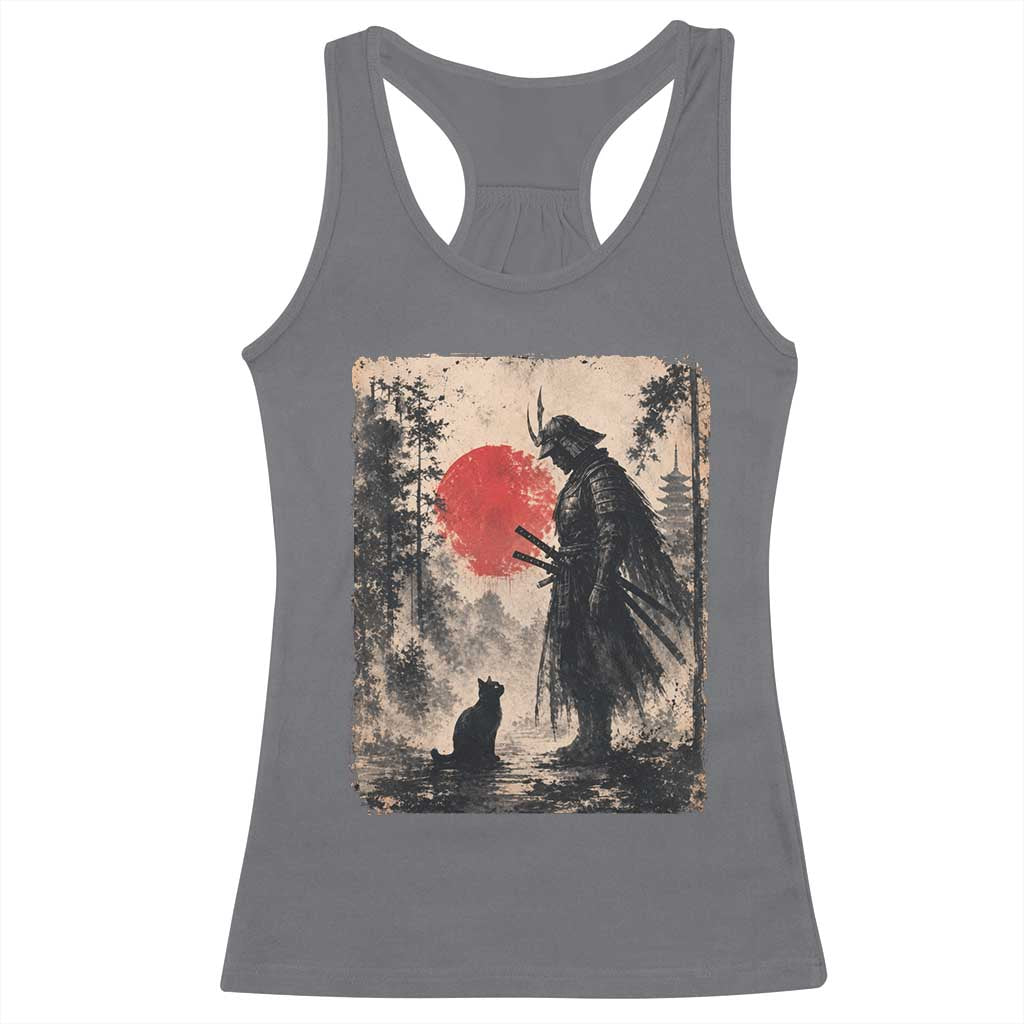 Vintage Japanese Samurai Warrior and Black Cat Racerback Tank Top TS10 Charcoal Print Your Wear