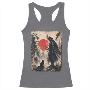 Vintage Japanese Samurai Warrior and Black Cat Racerback Tank Top TS10 Charcoal Print Your Wear