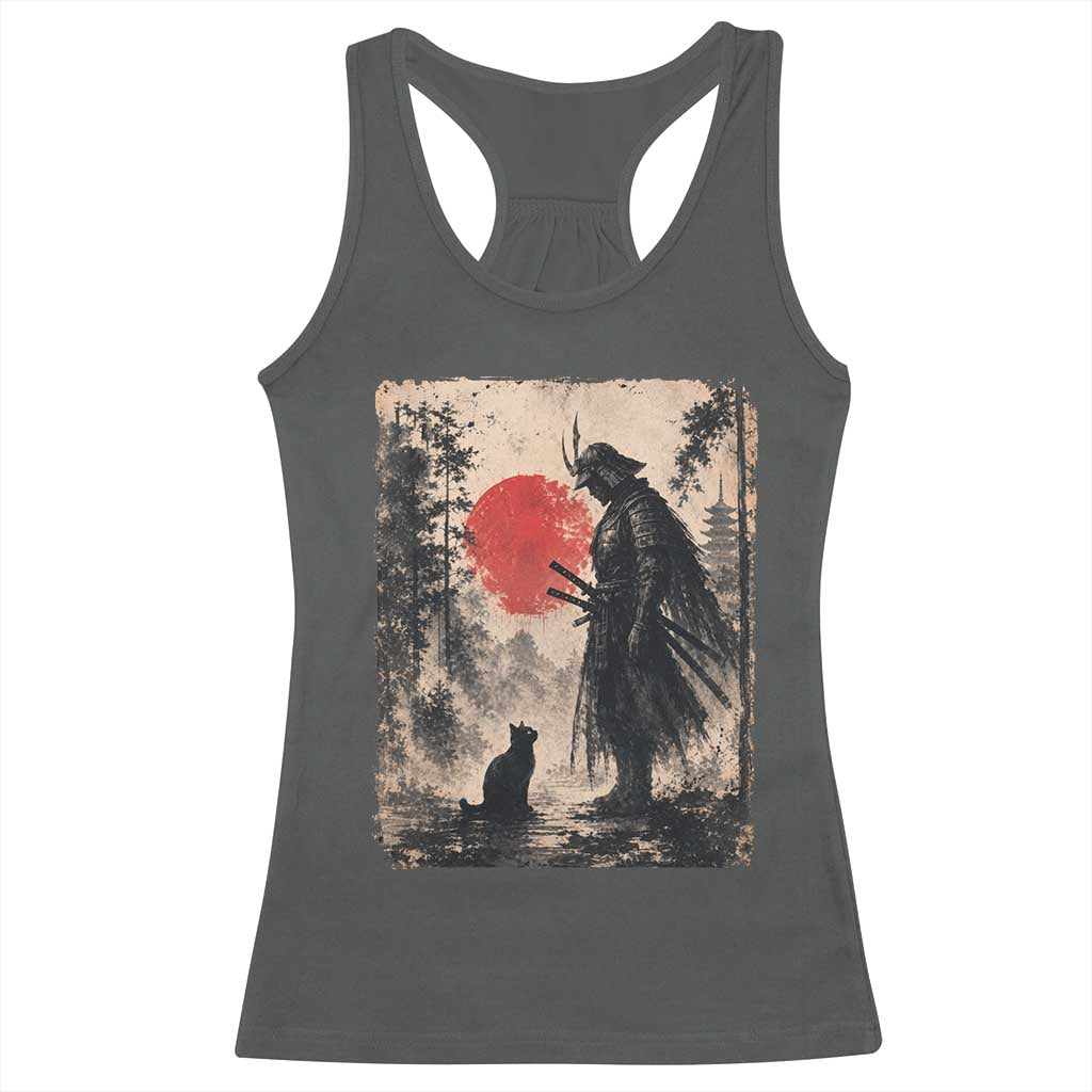 Vintage Japanese Samurai Warrior and Black Cat Racerback Tank Top TS10 Dark Heather Print Your Wear