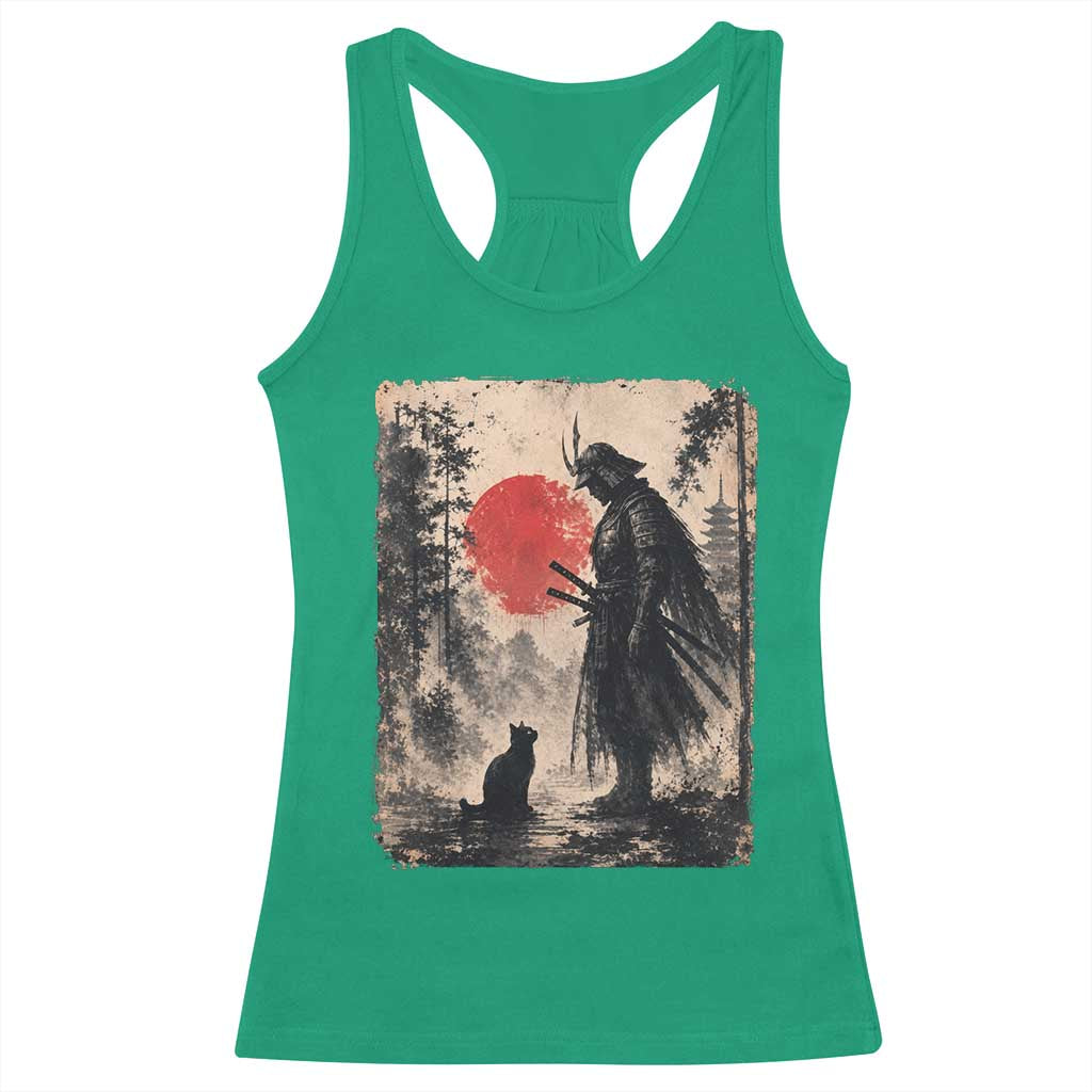 Vintage Japanese Samurai Warrior and Black Cat Racerback Tank Top TS10 Irish Green Print Your Wear