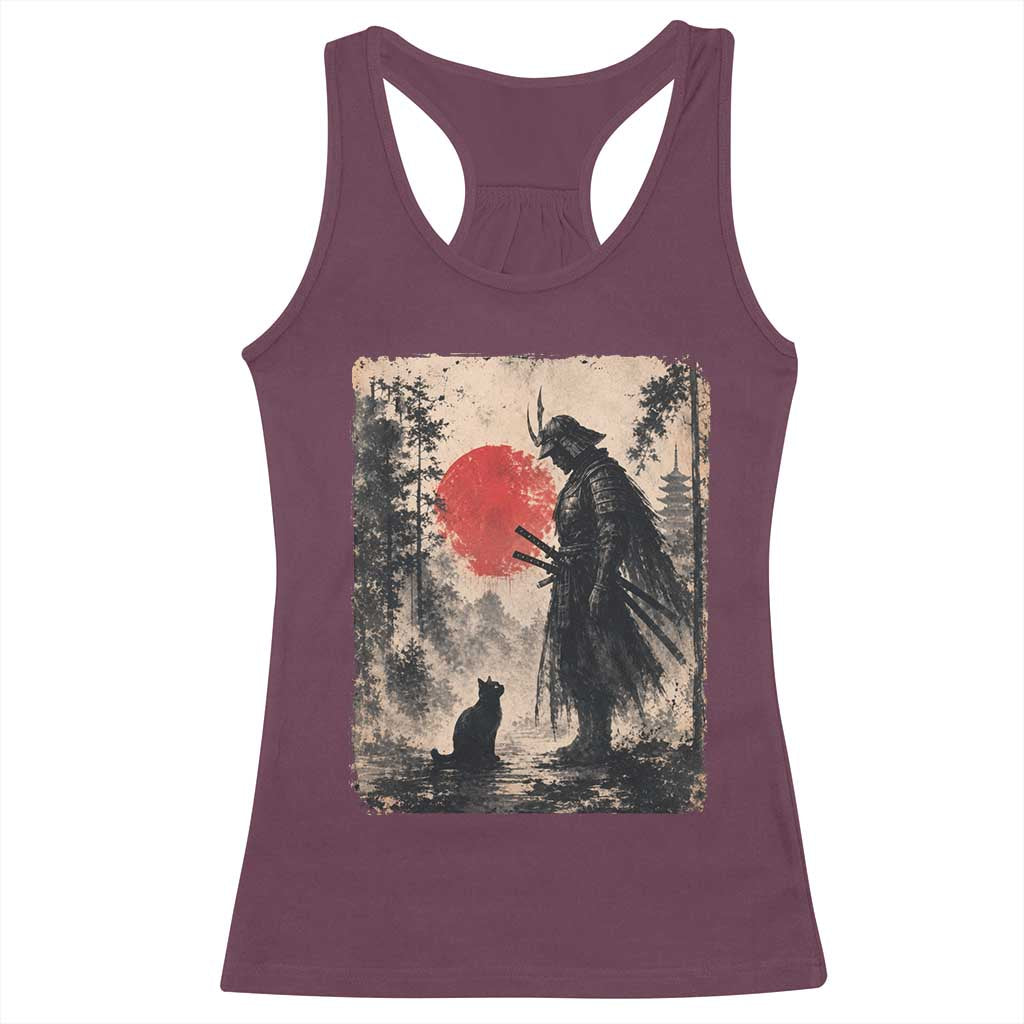 Vintage Japanese Samurai Warrior and Black Cat Racerback Tank Top TS10 Maroon Print Your Wear