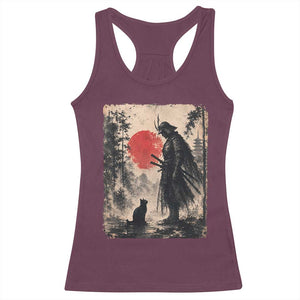 Vintage Japanese Samurai Warrior and Black Cat Racerback Tank Top TS10 Maroon Print Your Wear